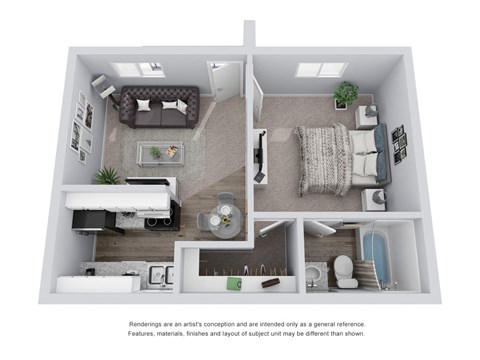 1 bed 1 bath 3D Floor Plan A